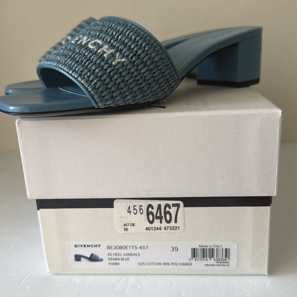 Givenchy 4G Embroidered Raffia Mule Sandal Denim Blue Sz. 9B/39 Italy - Picture 11 of 12